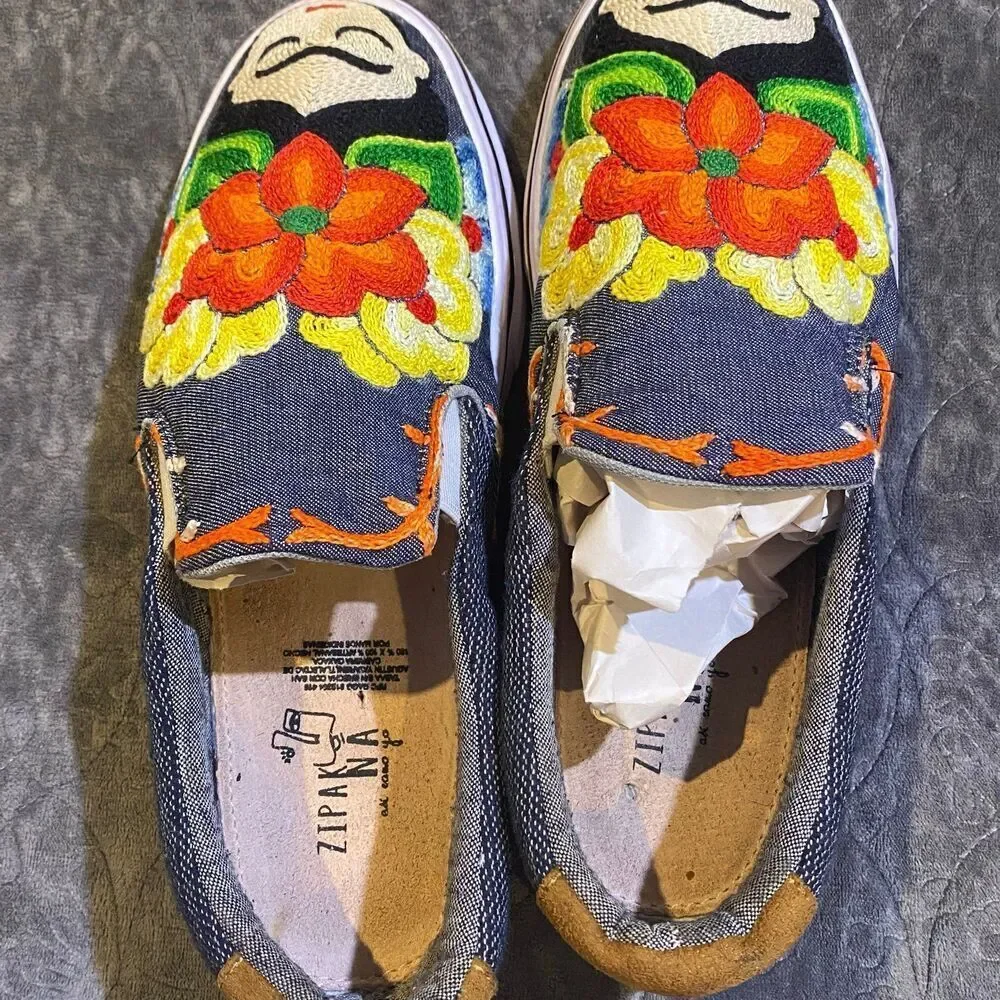 Frida Kahlo Hand Stitched Slip On Tennis Shoes Size 9 - Picture 5 of 10